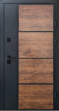 Входные двери ТМ Qdoors серия СТРИТ модель Бонд Графит песок краска/декор темное дерево(профнастил)/гладь антрацит песок